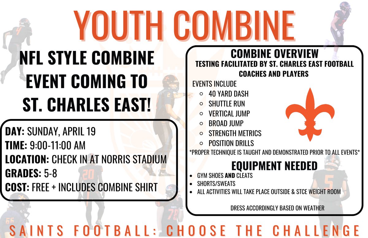 CoachPossley's tweet photo. ⚜️STC YOUTH ATHLETES⚜️

Please join us on Sunday, April 19 from 9:00-11:00AM for a FREE NFL Style Combine. Grades 5-8. FREE T-shirt included. Details in attached flyer. 

Drills led by Coaches and SAINTS Football players. 

Can’t wait! 

Registration Link: https://t.co/aqMCQ2Kqpt https://t.co/xAbf5OnjO5