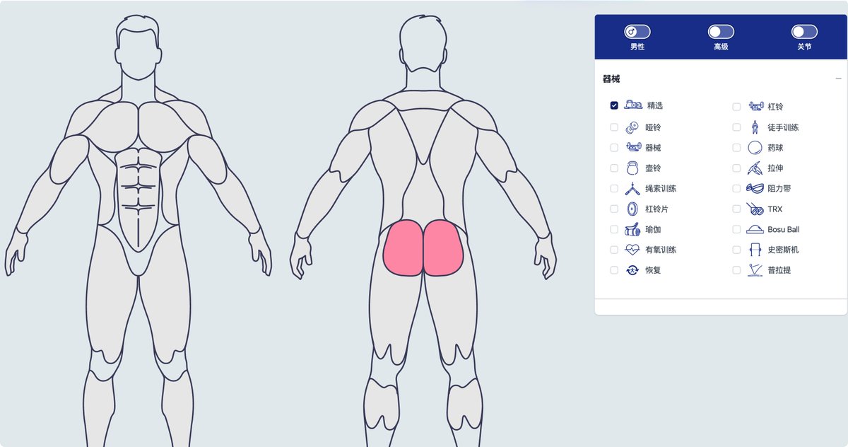 grgerwcwetwet's tweet photo. 推荐一个健身网站 MuscleWiki，一个按身体部位查训练动作的工具。

选中想锻炼的肌肉部位，就会展示对应动作和教程，并配有动态 GIF 演示，直观好理解。内容覆盖全身，也提供男女不同训练参考。

地址：https://t.co/Ji7lyYoRgt https://t.co/fPGpc3h4xr