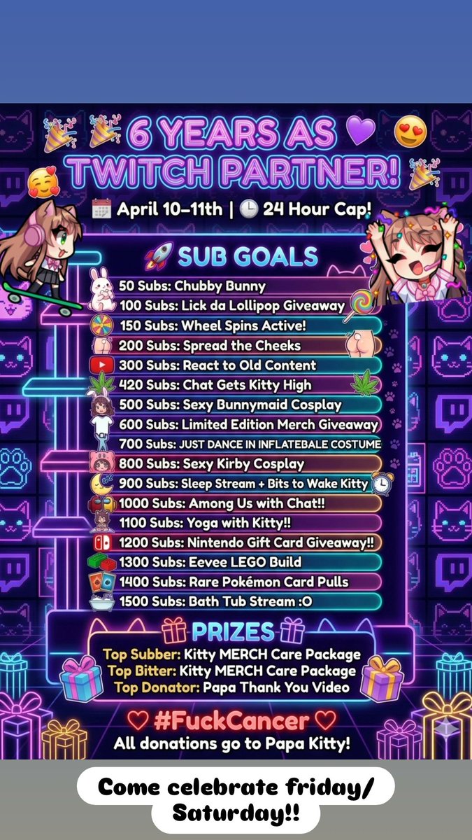 KittyKrystl's tweet image. Back to streaming today! SUBATHON FRIDAY!! Celebrating my 6 years as twitch partner!! Lots of cosplays, limited edition merch giveaways and Nintendo gift card giveaway!!! Legos and pokemon cards too of course!

#twitch #twitchpartner #gamergirl #neko #catgirl #subathon #giveaway