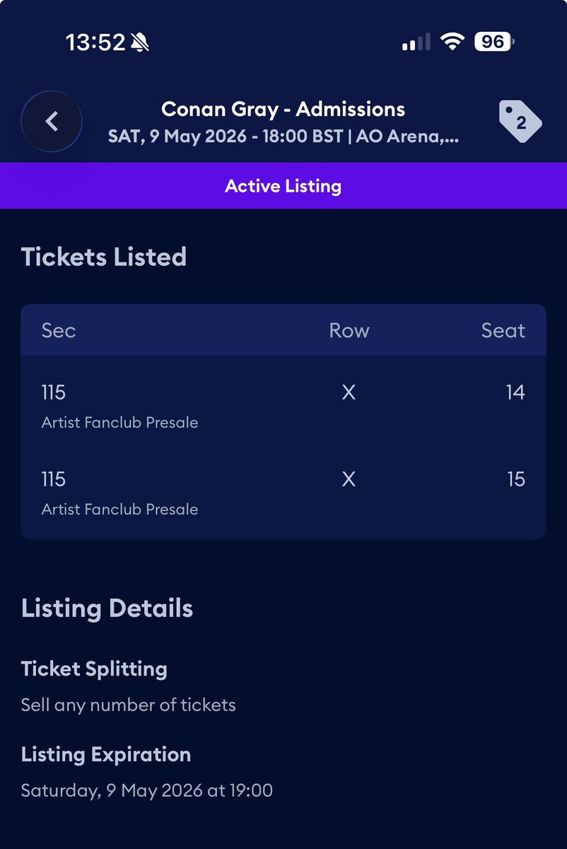 Selling 2 Conan Gray tickets for Manchester 9th May as I can’t get it off work!! Plz buy so I can get Bham tickets instead😭 
£75 each