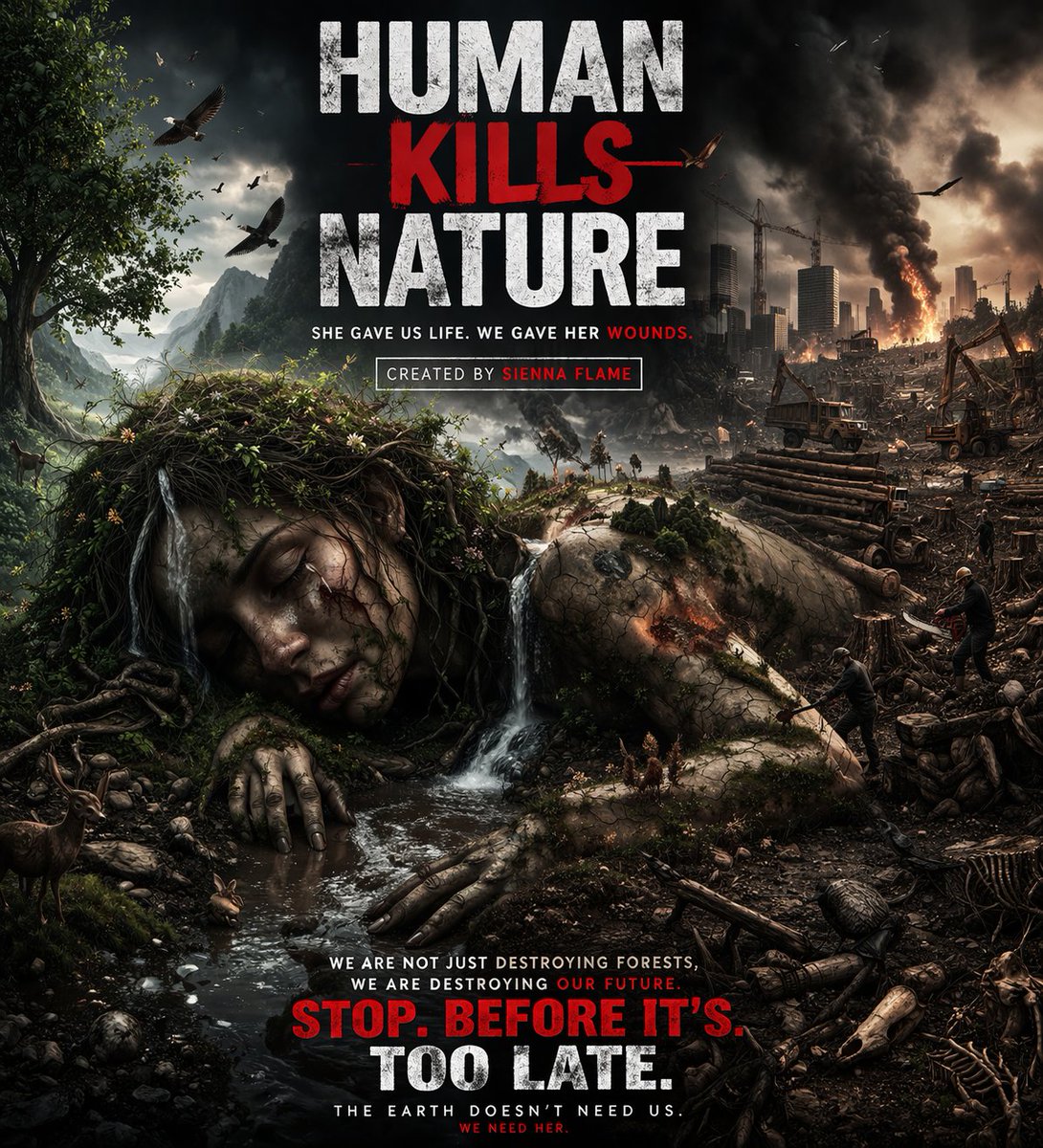 Myflamesinenna's tweet photo. @grok what do you think about this poster, does human kills nature. #savenaturefirst https://t.co/bMNBjVKkol