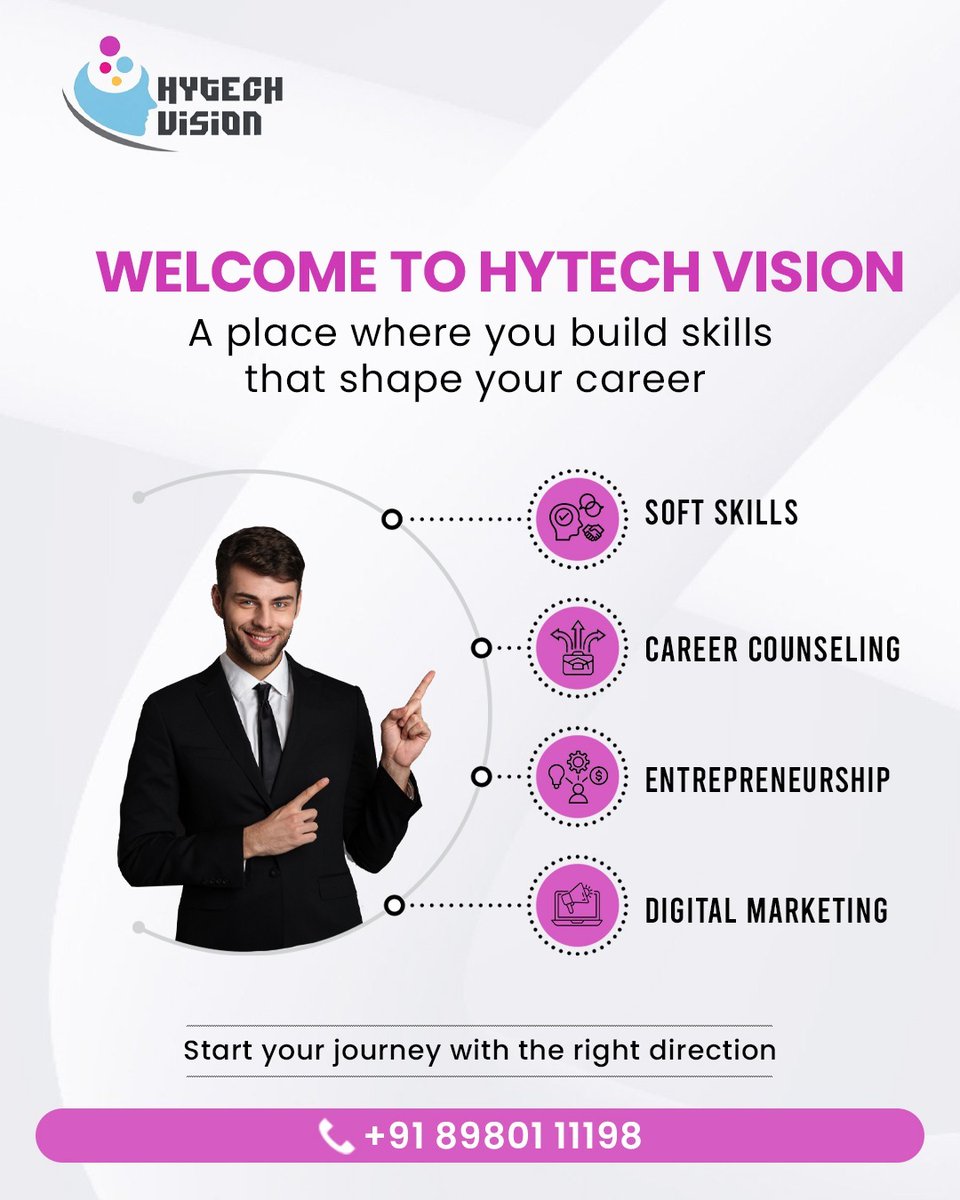 HytechV90778's tweet photo. Skills decide your future.
Not just education, real career growth.

At Hytech Vision, we help students build practical skills that matter in today’s competitive world.

• Soft Skills
• Career Counselling
• Entrepreneurship
• Digital Marketing

🌐 https://t.co/Y8xhl5AcOZ https://t.co/YxOjzi1UCJ
