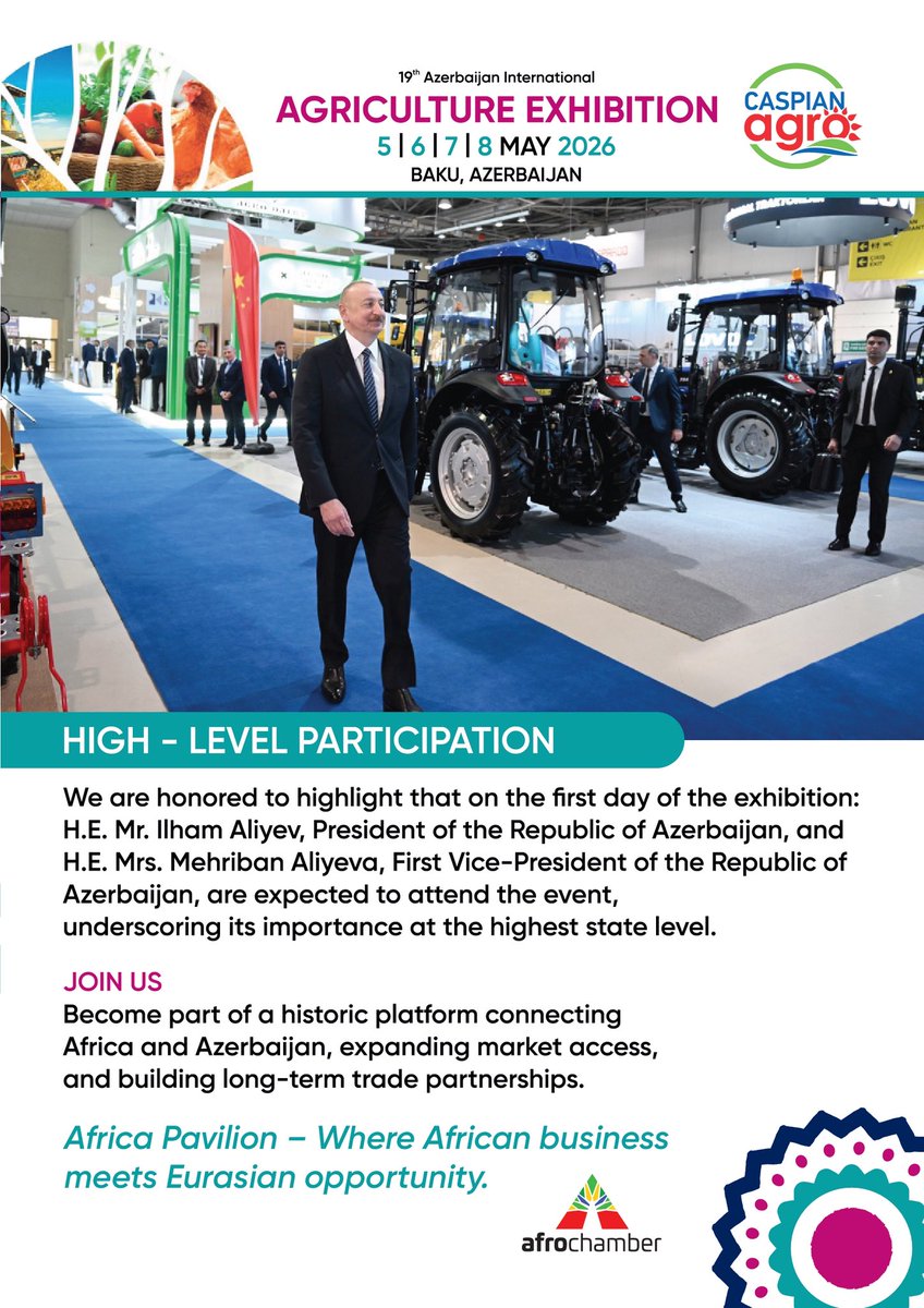 AFROCHAMBERccab's tweet photo. 🌍 Brazil → Africa → Eurasia

#AfroChamber will be at Caspian Agro 2026 🇦🇿
📅 May 5–8 | Baku

+30 countries
Real deals 🤝
New markets 🚀

Featuring the Africa Pavilion (#AFAZ) — where business meets opportunity.

This isn’t just an event.
It’s a gateway to international expansion 🌐

🔗 https://t.co/HlQMOM8q34
📲 +55 11 98314-6520
📩 africa.week@afrochamber.org

#CaspianAgro #AfricaWeek #Agribusiness #GlobalTrade #BrazilAfrica #Exports #BusinessGrowth 🚀