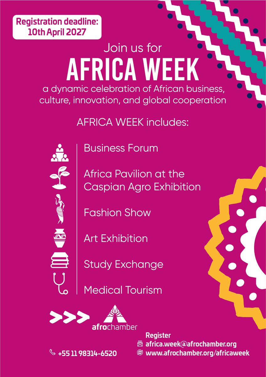 AFROCHAMBERccab's tweet photo. 🌍 Brazil → Africa → Eurasia

#AfroChamber will be at Caspian Agro 2026 🇦🇿
📅 May 5–8 | Baku

+30 countries
Real deals 🤝
New markets 🚀

Featuring the Africa Pavilion (#AFAZ) — where business meets opportunity.

This isn’t just an event.
It’s a gateway to international expansion 🌐

🔗 https://t.co/HlQMOM8q34
📲 +55 11 98314-6520
📩 africa.week@afrochamber.org

#CaspianAgro #AfricaWeek #Agribusiness #GlobalTrade #BrazilAfrica #Exports #BusinessGrowth 🚀