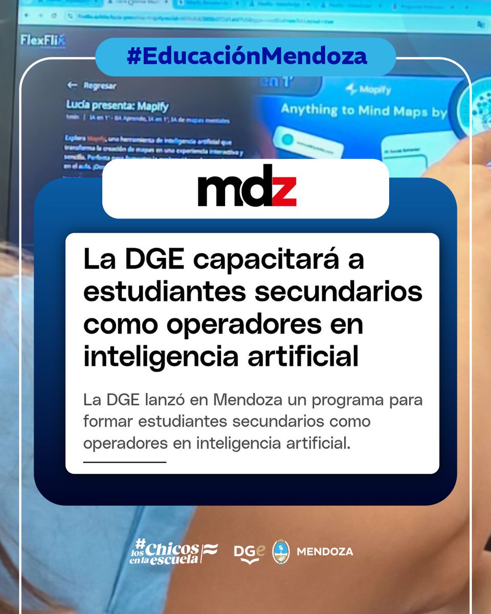 TadeoGZ's tweet photo. Queremos que los chicos no solo usen tecnología, sino que entiendan cómo funciona y qué pueden hacer con ella.

Por eso lanzamos una capacitación para estudiantes secundarios como operadores en inteligencia artificial, incorporando herramientas que ya forman parte del mundo del trabajo.

La escuela no puede quedarse mirando cómo cambia el mundo.
Tiene que preparar a los estudiantes para lo que viene.

En Mendoza elegimos dar ese paso.

🔗: https://t.co/uXlgyT40DE