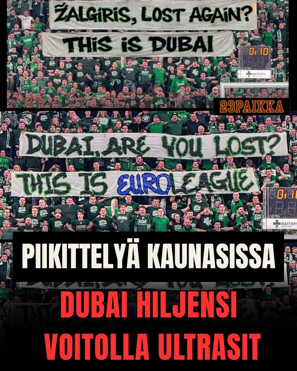 23paikka's tweet photo. 😬 Närkästyneet Zalgiris-fanit ottivat kantaa Dubain mukanaoloon Euroliigassa eilisellä kierroksella.

Koripallohullu Kaunas ei ole niellyt ajatusta uudesta tulokasjoukkueesta, jolla ei ole käytännössä minkäänlaista historiaa eurooppalaisessa koripallossa.

🟢 Fanien lakana kysyi suoraan: “Oletteko eksyksissä?” — viittaus siihen, että Lähi-idästä tuleva Dubai pelaa Euroliigassa.

Kentällä viimeinen sana jäi kuitenkin Dubaille. Vieraat hakivat voiton lukemin 65–77.

Zalgiris hävisi täten molemmat kauden kohtaamisista Dubaita vastaan.

Ottelun jälkeen Dubai kuittasi tilanteen omalla tyylillään julkaisemalla tekoälykuvan Zalgiris-fanien lakanasta tekstillä:
“Zalgiris hävisi taas? Tämä on Dubai.”

Molemmat joukkueet taistelevat edelleen playoff-paikoista kauden ollessa loppusuoralla 🏁

📷 Dubai Basketball, Basketnews

#Euroliiga #Koripallo #Urheilu