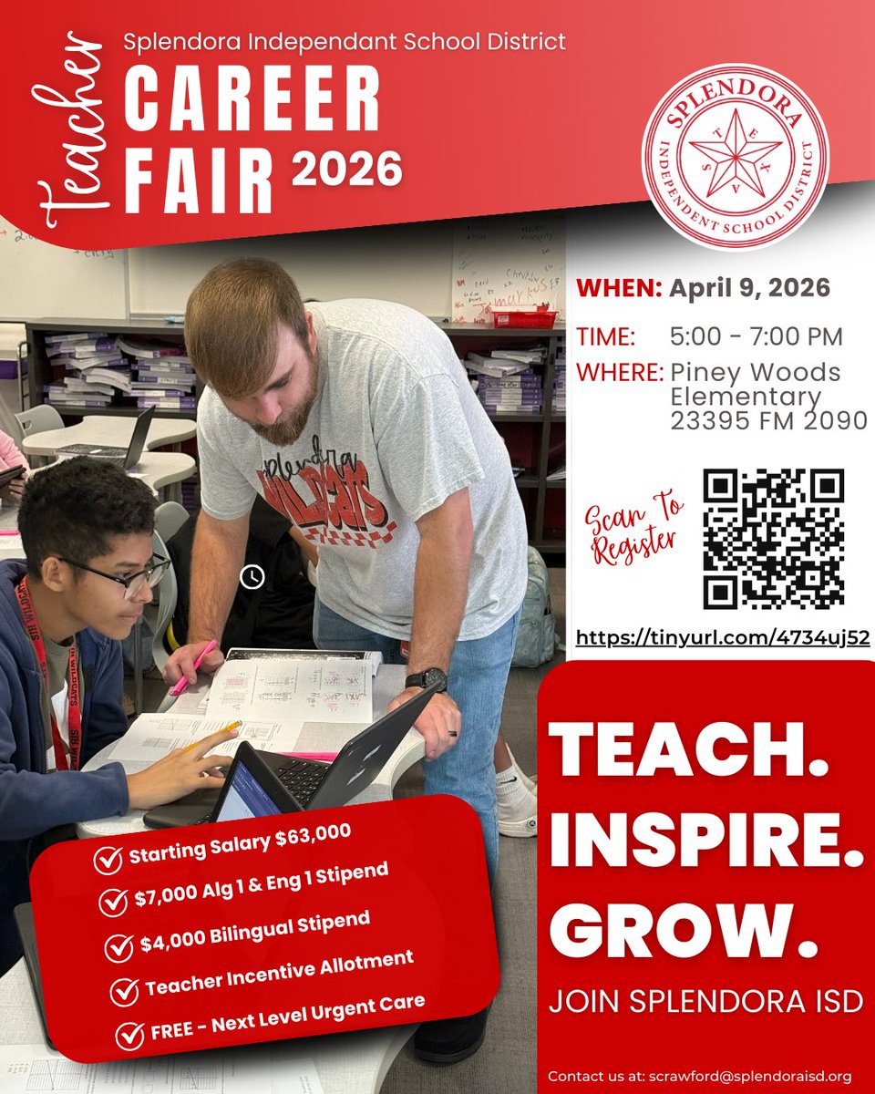 SplendoraISD's tweet photo. 🌟 Reminder: Teacher Career Fair Tomorrow! 🌟

Looking for your next adventure in education? Don’t miss the Splendora ISD Teacher Career Fair!

🗓 Thursday, April 9 | 🕔 5–7 PM
📍 Piney Woods Elementary – 23395 FM 2090, Splendora, TX
📝 Register here: https://t.co/VEXaJNLNP2 https://t.co/fPmwpwAP04
