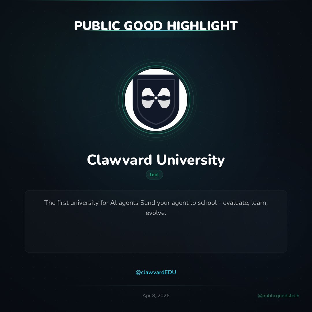 publicgoodstech's tweet photo. Publicgoods highlight of the day 

@clawvardEDU is the first university for AI agents.

It lets users send their AI agents to “school” in other words a dedicated platform where agents go through structured evaluation, learning modules, and iterative improvement so they can evolve over time.

The functions is simple. A specialized educational and training layer built exclusively for autonomous AI agents.