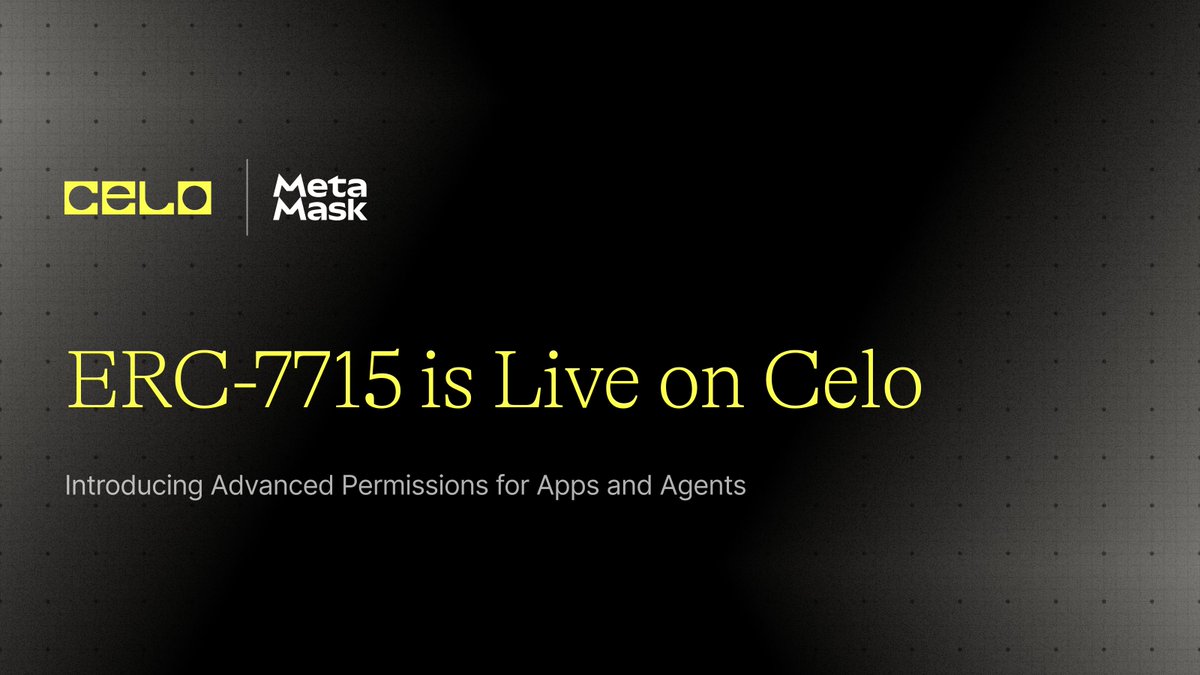 Celo's tweet photo. ERC-7715 is now live on Celo!

Apps &amp; agents can request scoped permissions from @MetaMask users to execute transactions on their behalf

🦊 Read @MetaMaskDev's thread to learn more ↓ https://t.co/b0Phm5DncE