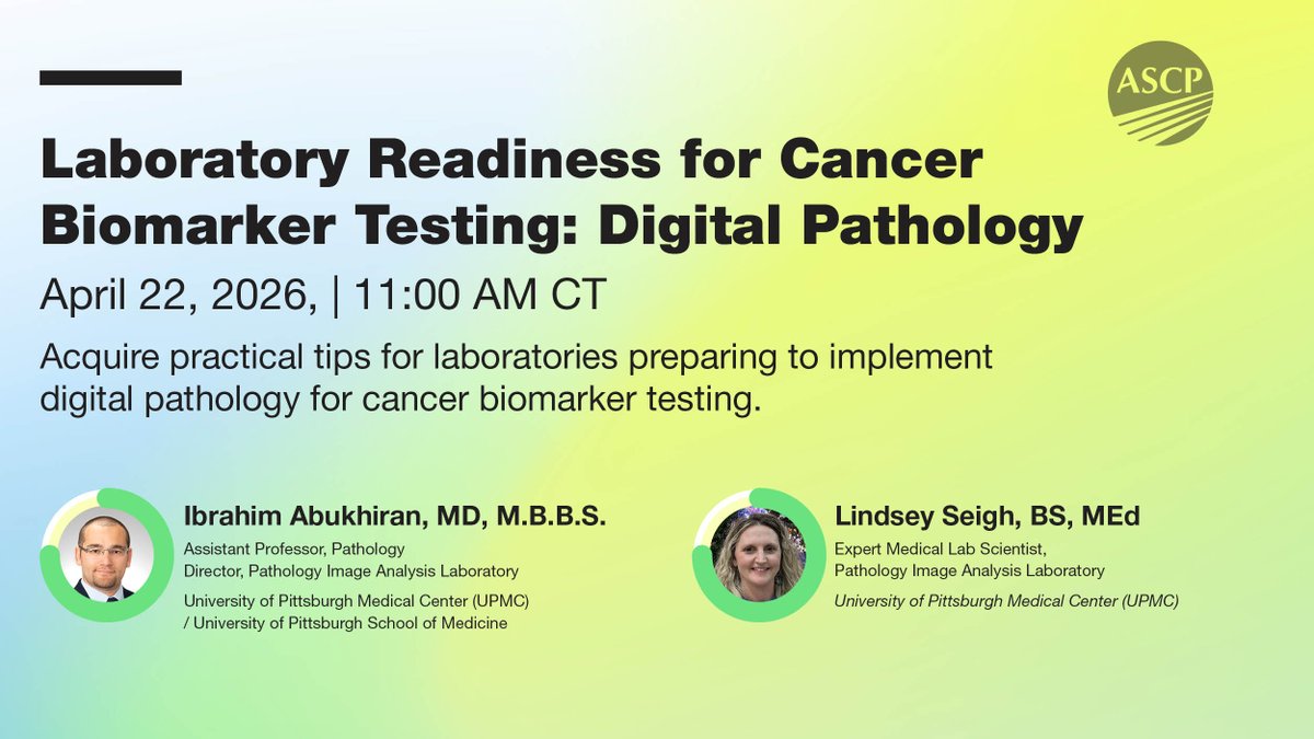 ASCP_Chicago's tweet image. Don’t miss the “Laboratory Readiness for Cancer Biomarker Testing: Digital Pathology” webinar, where we will discuss laboratory readiness for cancer biomarker testing, with a dedicated emphasis on digital pathology. CE available. bit.ly/4s2TpFV

#DigitalPathology