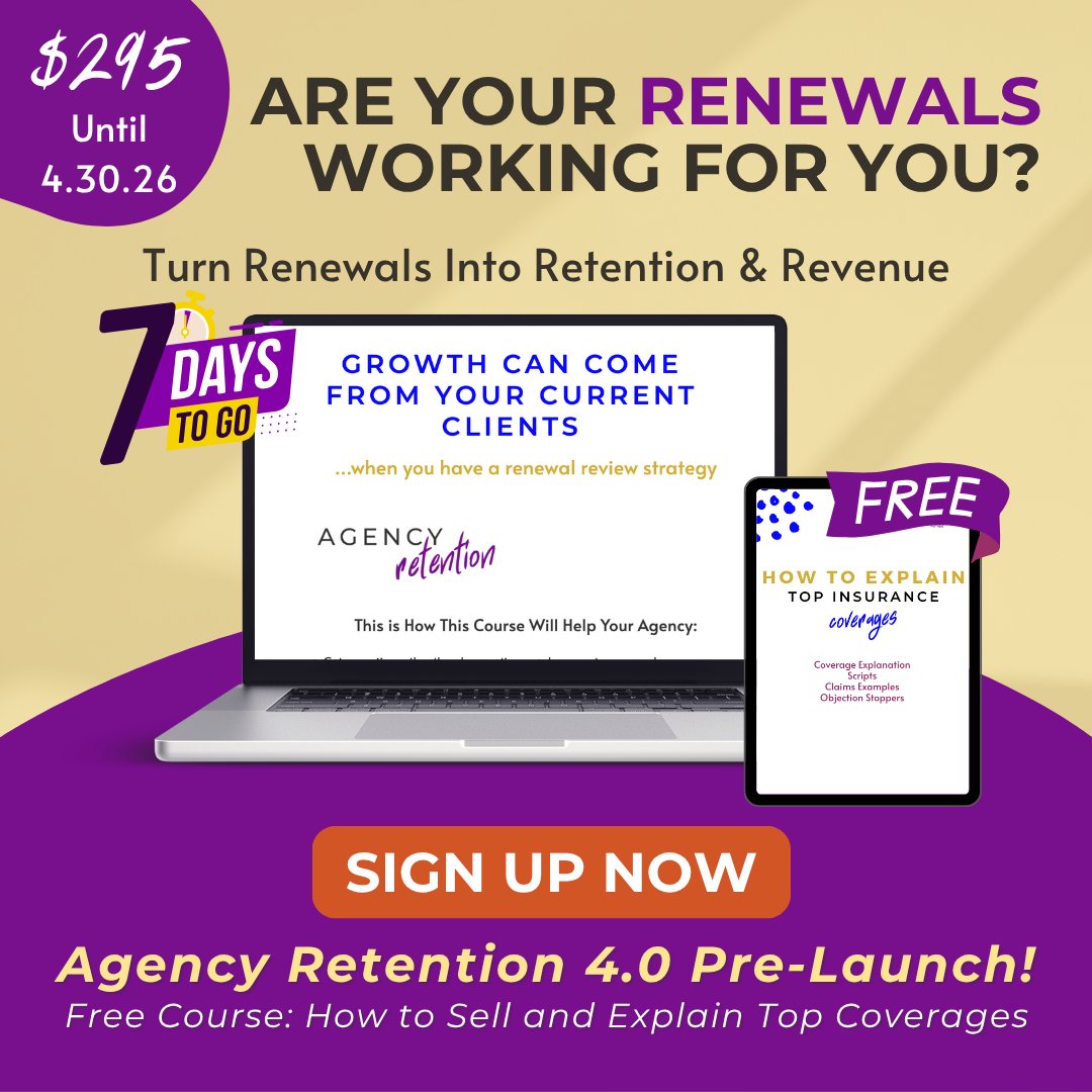 Appsinsurance's tweet photo. 7 Days TO GO - PRE-SALE Retention 4.0

⏳ 7 DAYS TO GO! 

One week to go until Agency Retention 4.0 launches — your chance to turn every renewal into a revenue opportunity. 

#AgencyEdge #RetentionPro #InsuranceSuccess #ClientGrowth #SmartAgency #InsuranceStrategy #RetentionWins https://t.co/629ds7h2UF