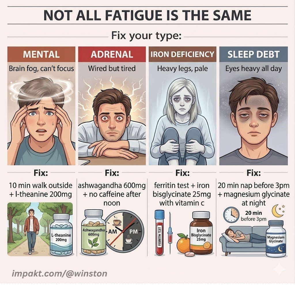 winstonzin's tweet photo. Not all fatigue is the same.

Fix your type:

1. Mental (brain fog, can't focus): 10 min walk outside + l-theanine 200mg

2. Adrenal (wired but tired): ashwagandha 600mg + no caffeine after noon

3. Iron deficiency (heavy legs, pale): ferritin test + iron bisglycinate 25mg with vitamin c

4. Sleep debt (eyes heavy all day): 20 min nap before 3pm + magnesium glycinate at night