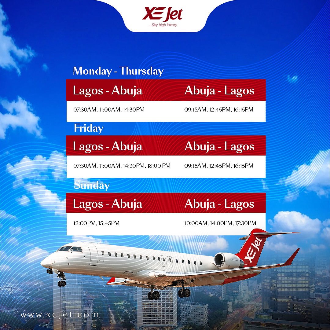 flyxejet's tweet photo. Plan with clarity.
Move with precision.
Our Lagos ⇄ Abuja schedule is designed to keep your day aligned with what matters most.
#XEJet #ExecutiveTravel #LagosAbuja #FlightSchedule #SkyHighLuxury https://t.co/QMNj0rrmM9