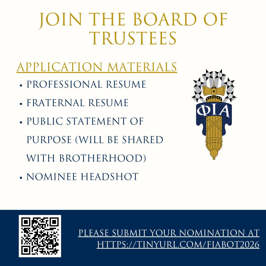 PhiIotaAlpha's tweet photo. 🚨 NOMINATIONS ARE OFFICIALLY OPEN! 🚨

Calling on the brotherhood to step up and lead.
We are now accepting nominations for brothers to serve on the Board of Trustees — a powerful opportunity to shape the future and protect the legacy.

#BoardOfTrustees #PhiIotaAlpha #AlumniCall https://t.co/OzDFR17S60