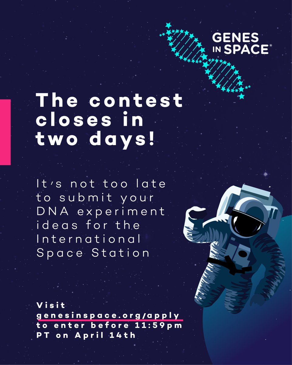 genesinspace's tweet photo. The countdown is on! There are just a few more days left to develop and submit your space biology idea for the 2026 Genes in Space contest. We can't wait to read these creative proposals!
https://t.co/ltEsu3llMF https://t.co/26SojtP6cr