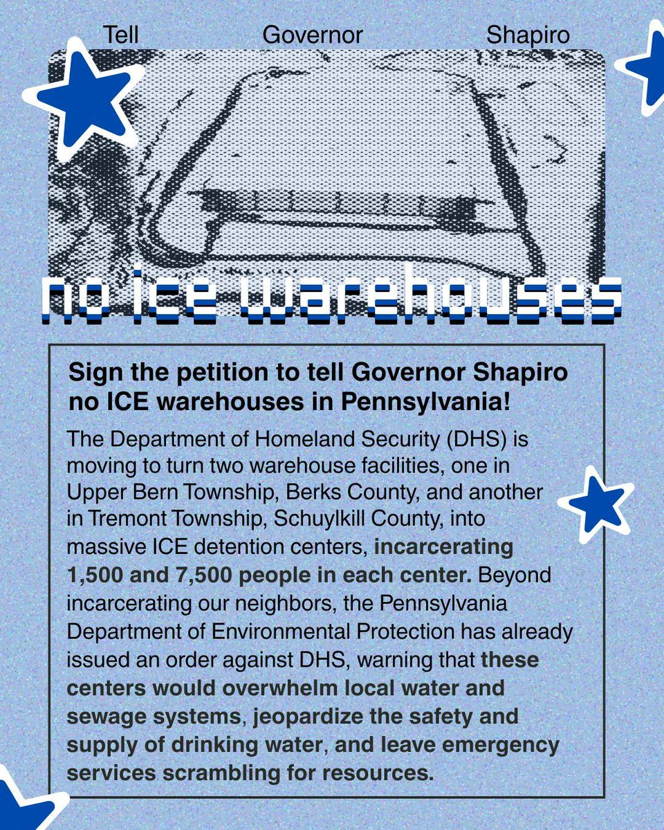 Frontlines2ferc's tweet photo. Pennsylvanians should not be forced to absorb environmental risks for federal detention expansion. Tell Governor Shapiro to reject these proposals and protect our resources, infrastructure, and neighbors! https://t.co/yuQcjFmKI7 https://t.co/Pt57kglyiu