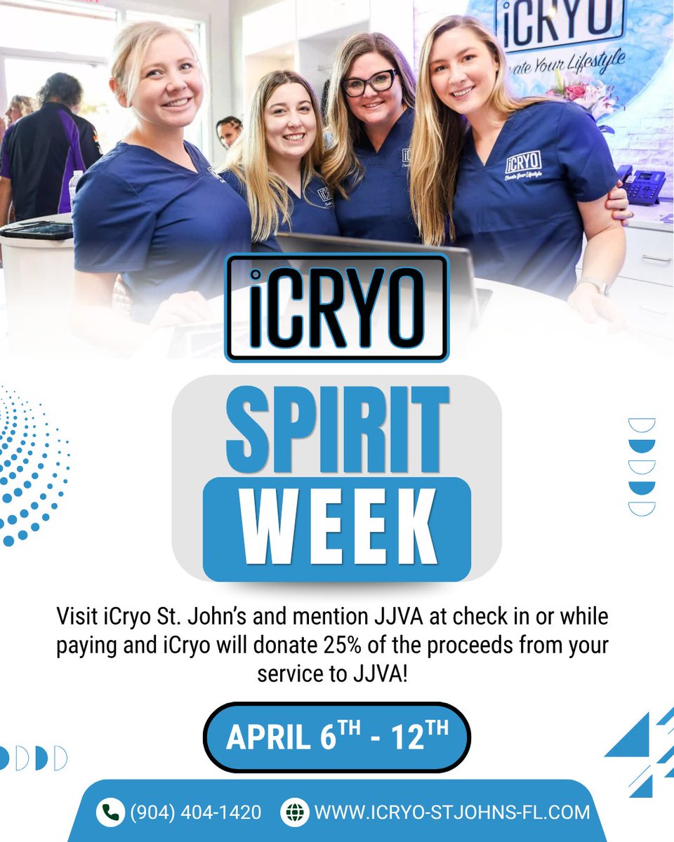 jjva1989's tweet photo. Stronger. Faster. Recovered. 💙

Stop by iCRYO St. Johns during Spirit Week (April 6–12) and give back while you recover!
👉 Mention JJVA, and 25% of your visit supports the club

#iCryo #Fundraiser #iCryoSpiritWeek #Volleyball #Recovery https://t.co/fj6EfibqAN