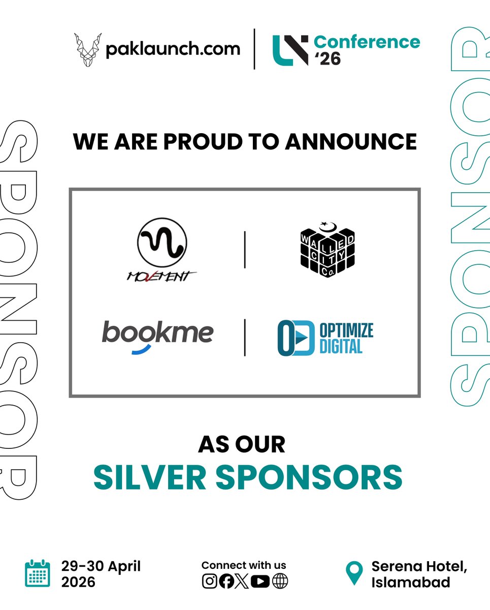 paklaunchdotcom's tweet photo. We are proud to announce Movement, @WalledCityCo, @bookmepk and @optimizedigitpk as our Silver Sponsors for the Paklaunch UNConference 2026, taking place on April 29–30 at the Serena Hotel, Islamabad. These industry-leading partners are at the forefront of driving Pakistan’s digital evolution, from revolutionizing logistics and travel to preserving heritage and scaling brands through digital excellence. Their support is vital in bringing together our curated community of visionary founders and global investors to explore new frontiers in venture capital and entrepreneurship.

Join us in Islamabad where innovation meets investment register now via the link in our bio. 

#UNConference26 #Paklaunch #PakistanTech #Innovation #VentureCapital #SilverSponsors #Moveit #Bookme #WalledCityCo #OptimizeDigital