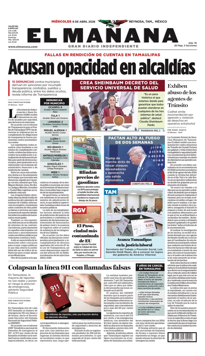 elmananarey's tweet image. ⏰ ¡Buenos días! 🌞

Hoy Miércoles 8 de Abril 2026 ésta es la portada de nuestra edición impresa.

🌎 Manténgase al tanto de lo que pasa en la #localidad, la #región y el #mundo 🌎
