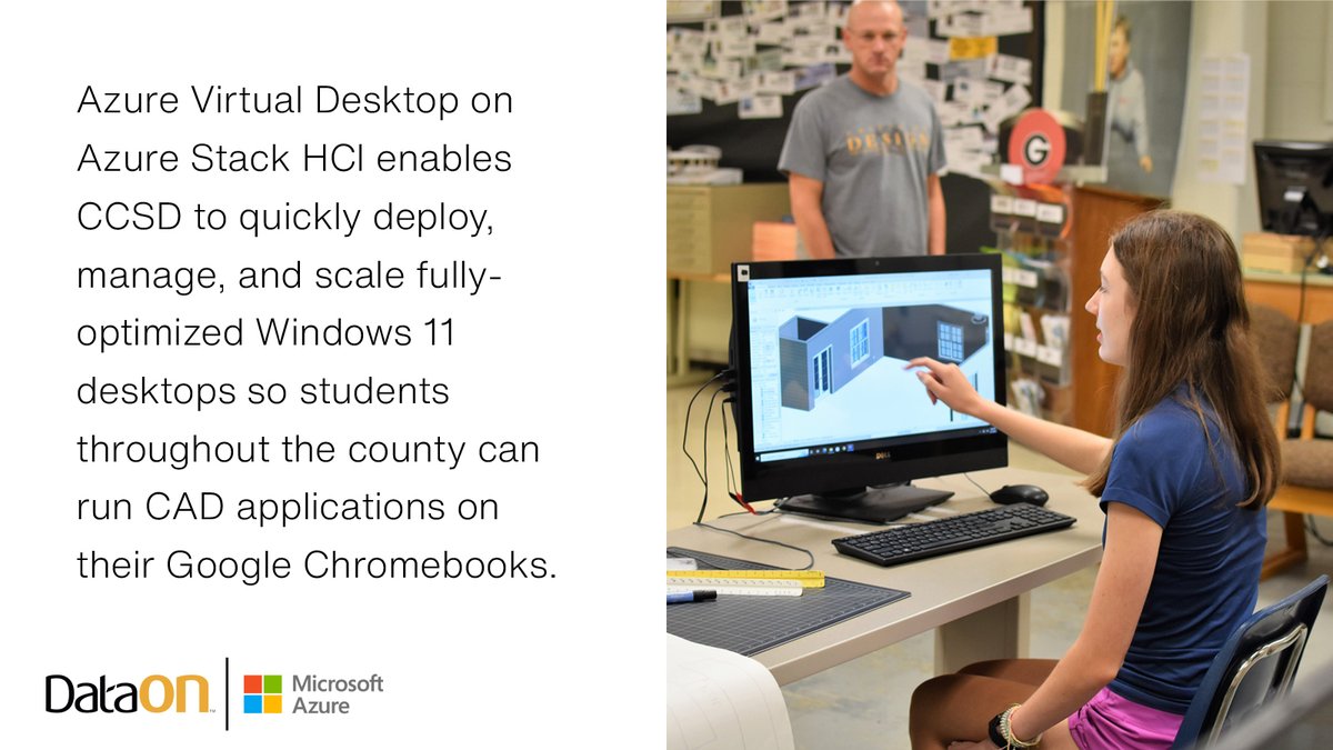 dataon's tweet photo. Cherokee County Schools goes on a Microsoft #hybridcloud journey, adding Azure Services such as #AzureVirtualDesktop and #AzureKubernetesService to its #AzureStackHCI deployment. With #AVD, students can now run CAD applications on their Chromebooks. https://t.co/jYuqHYCefT https://t.co/39SmmPzOK8