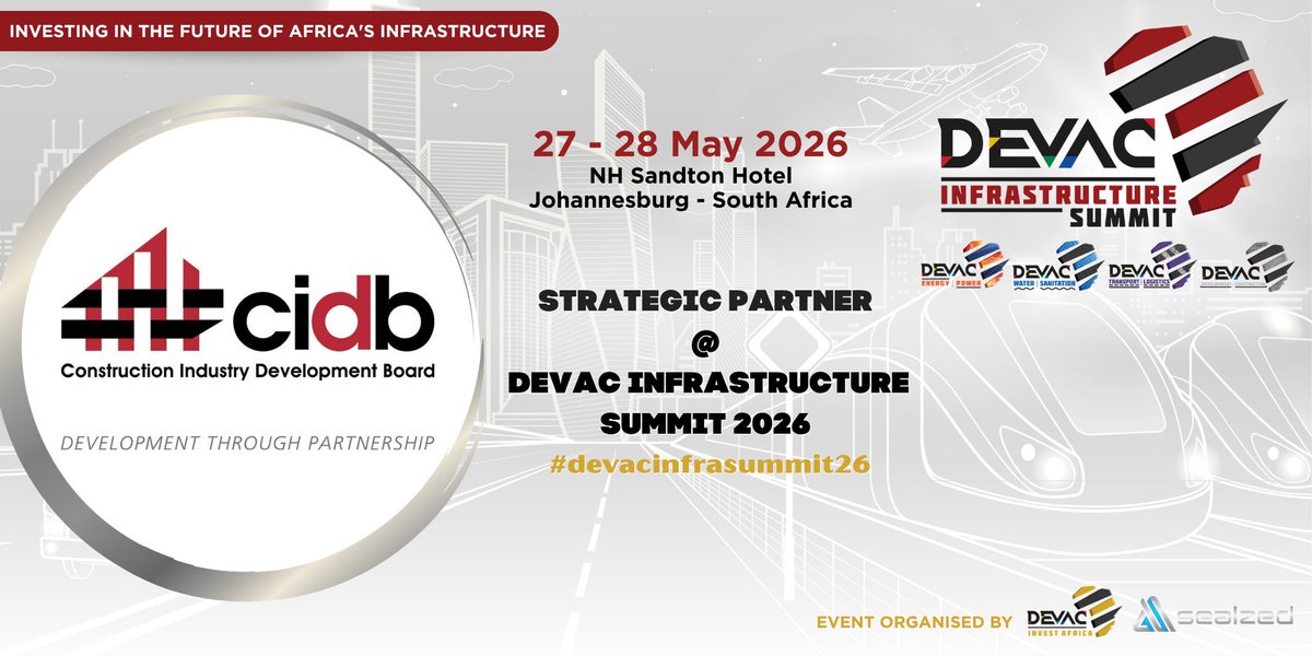 DevacInvest's tweet photo. Infrastructure success depends on strong governance, clear standards, and decisive leadership. It is this leadership that makes the @cidb_sa a vital force in South Africa’s built environment, and we are proud to welcome them as a #Strategic #Partner of the DEVAC INFRASTRUCTURE SUMMIT 2026, taking place on 27 - 28 May 2026 at the NH Sandton Hotel in Johannesburg - South Africa.
 
At a time when the industry is evolving rapidly, cidb continues to lead the way by strengthening contractor development, enhancing compliance frameworks, and enabling inclusive participation across the construction value chain. Their work is instrumental in improving delivery standards while creating sustainable opportunities for growth.
 
Adding to this, cidb CEO, Mr. Bongani Dladla, returns to the Summit stage to build on last year’s insights, sharing the latest developments in cidb’s national construction reforms, delivery performance frameworks, and contractor capability programmes. Delegates will gain a forward‑looking perspective on how these updates, including regulatory evolution and industry development initiatives, are driving infrastructure delivery and shaping the future of South Africa’s built environment.
 
#savethedates : 27 - 28 May 2026 @ NH Sandton Hotel - Johannesburg
 
To Register, visit https://t.co/Wza6vtbHNf
 
Save the date and join over 250 industry experts including South Africa’s construction leaders at the DEVAC INFRASTRUCTURE SUMMIT 2026! Visit the CIDB team at Stand DI18 to experience how they’re advancing contractor capability, driving industry performance, and shaping the future of infrastructure delivery.
 
Do you provide solutions and services in areas such as Transport Infrastructure, Water Infrastructure, Construction, BIM, Human Settlements, Energy & Power Infrastructure, Cutting-Edge Technology, Engineering, Civil Engineering, Consultancy, PPPs, Legal, Project Management, or Last-Mile Infrastructure? If so, we want to connect with you!
 
#DEVACINFRASUMMIT26
#africa #infrastructureinvestment #construction #building #portinfrastructure #bridges #waterinfrastructure #roadinfrastructure #railinfrastructure #transportinfrastructure #smartinfrastructure #digitalinfrasftructure #infrastructuredevelopment #smartcities #ictinfrastructure #energyinfrastructure #hydrogen #energytransition #industrialization #finances