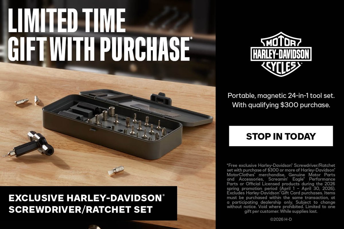 ridinghighhd's tweet photo. From April 1st to 30th, customers who spend $300 or more on MotorClothes, Genuine Parts, Screamin’ Eagle, or Licensed products receive a free 24-in-1 magnetic tool set.!! https://t.co/aemznMZdz4