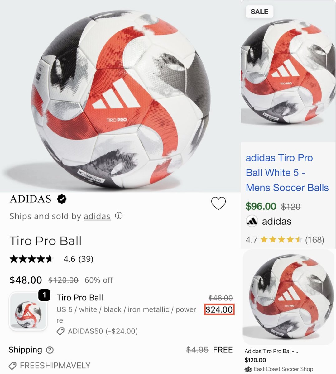 GlitchedDeals's tweet image. $120 ADIDAS PRO SOCCER BALL NOW $24

Price drops by over $95 with code ‘ADIDAS50’ at Shop Simon

Same size 5 Tiro Pro ball is listed for $96 at the official Adidas website 

Get free shipping with code ‘FREESHIPMAVELY’ at checkout

mavely.app.link/e/EbdpNf0zTYb #ad
