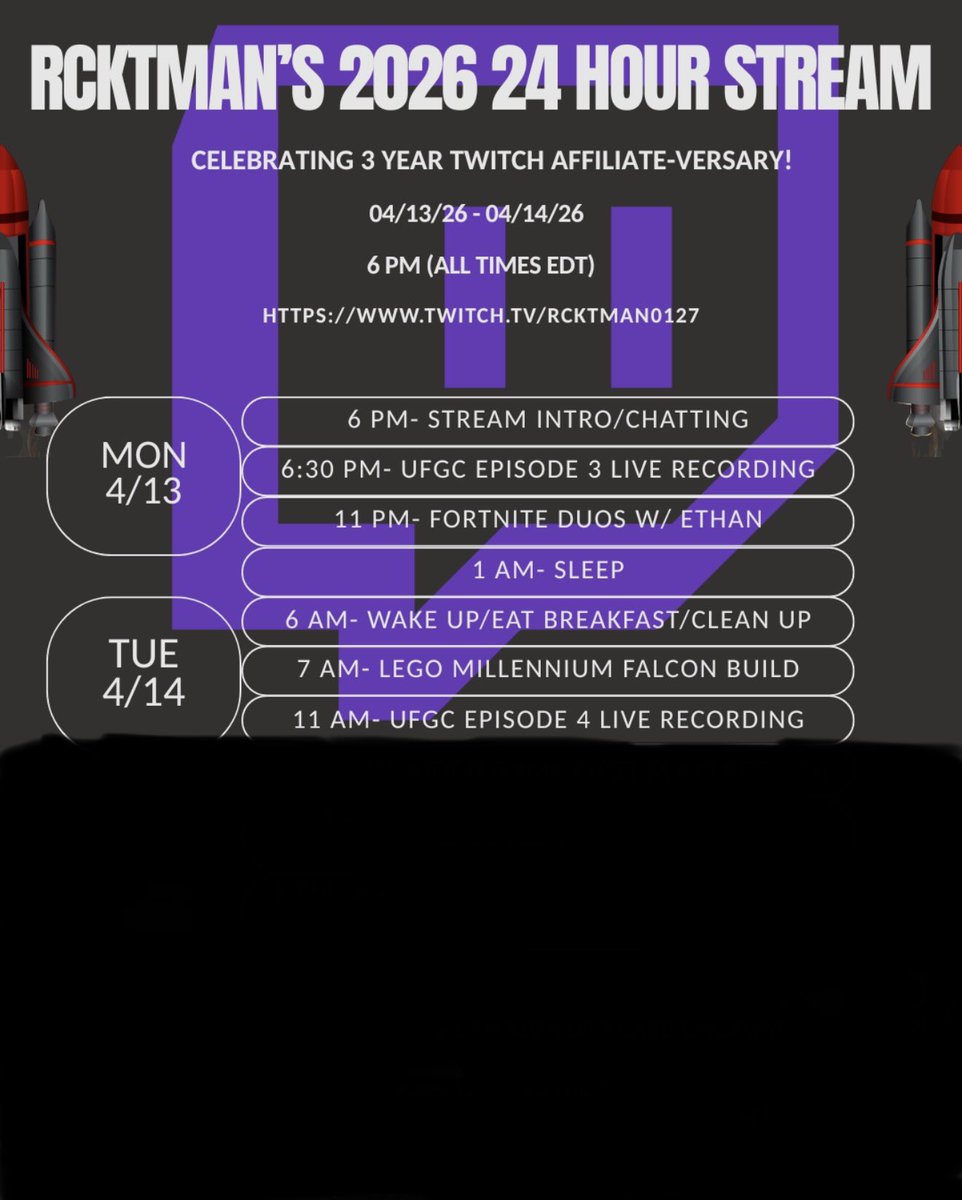 rcktman0127's tweet photo. Day 3 of the 24 hour stream schedule reveal: the morning of day 2 (feat the first surprise- Lego Millennium Falcon!)
https://t.co/XuyirjcBvz
#twitch #24hourstream #streamer https://t.co/rRDfzER913