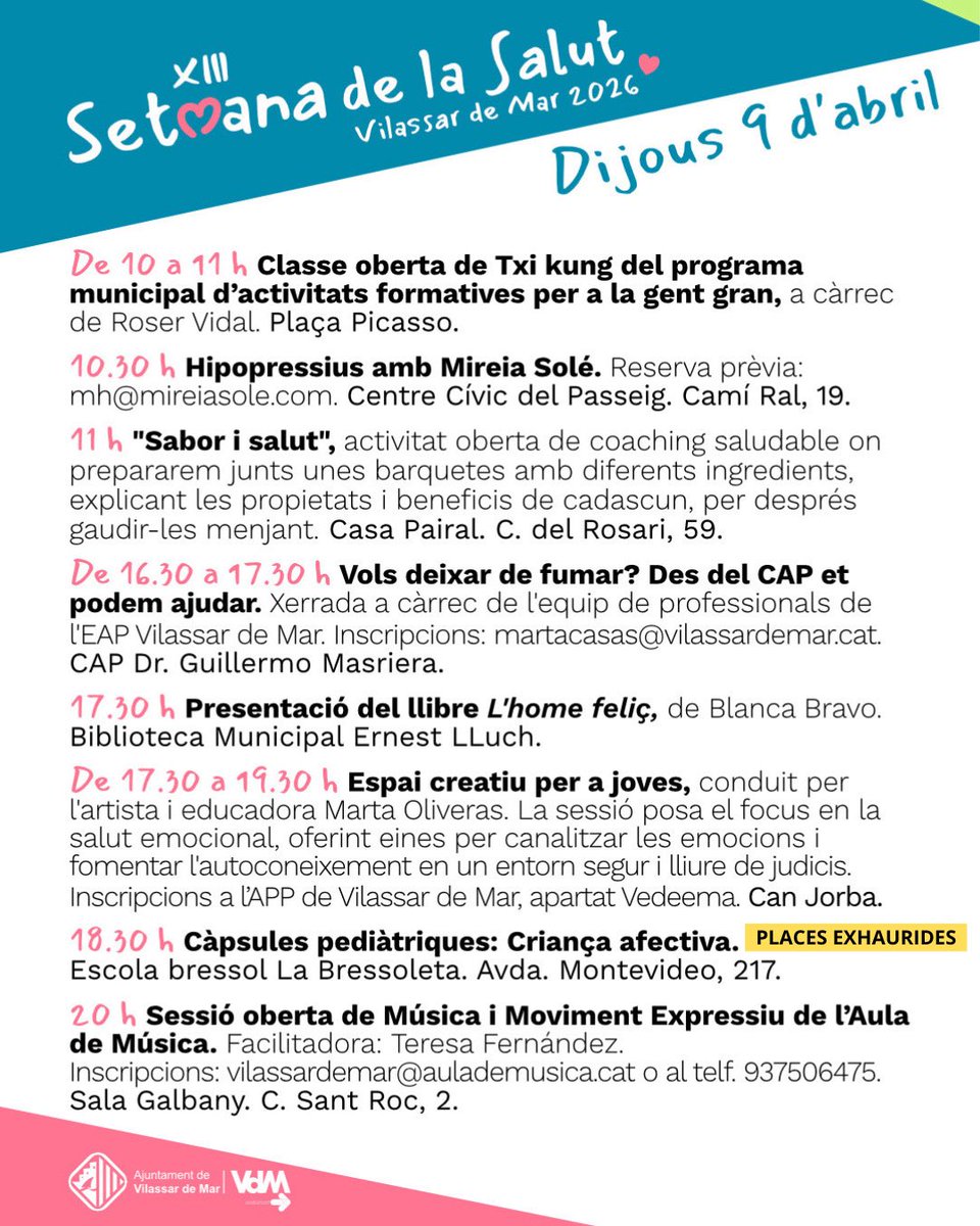 VilassardeMar's tweet image. 😉 Ja saps quines activitats s’oferiran demà, 9 d’abril, amb motiu de la XIII Setmana de la Salut? 

ℹ️ Consulta la programació: vilassardemar.cat/actualitat/not…

#VilassardeMar #VdMendavant #setmanadelasalut