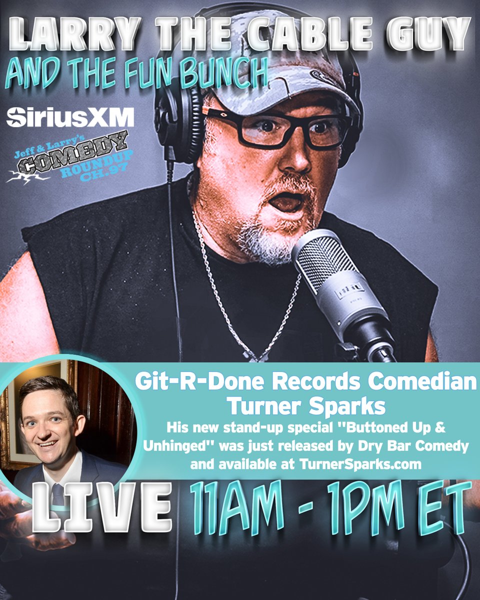 GitRDoneLarry's tweet image. I'm looking forward to this one! My guest today is Git-R-Done Records Comedian, @turnersparks! Tune in today at 11am ET on @siriusxm Channel 97! #comedy #comedian #comedianlife
.
.
Tap the link to listen to my show, Larry the Cable Guy and The Fun Bunch, on Jeff &amp;amp; Larry’s Comedy