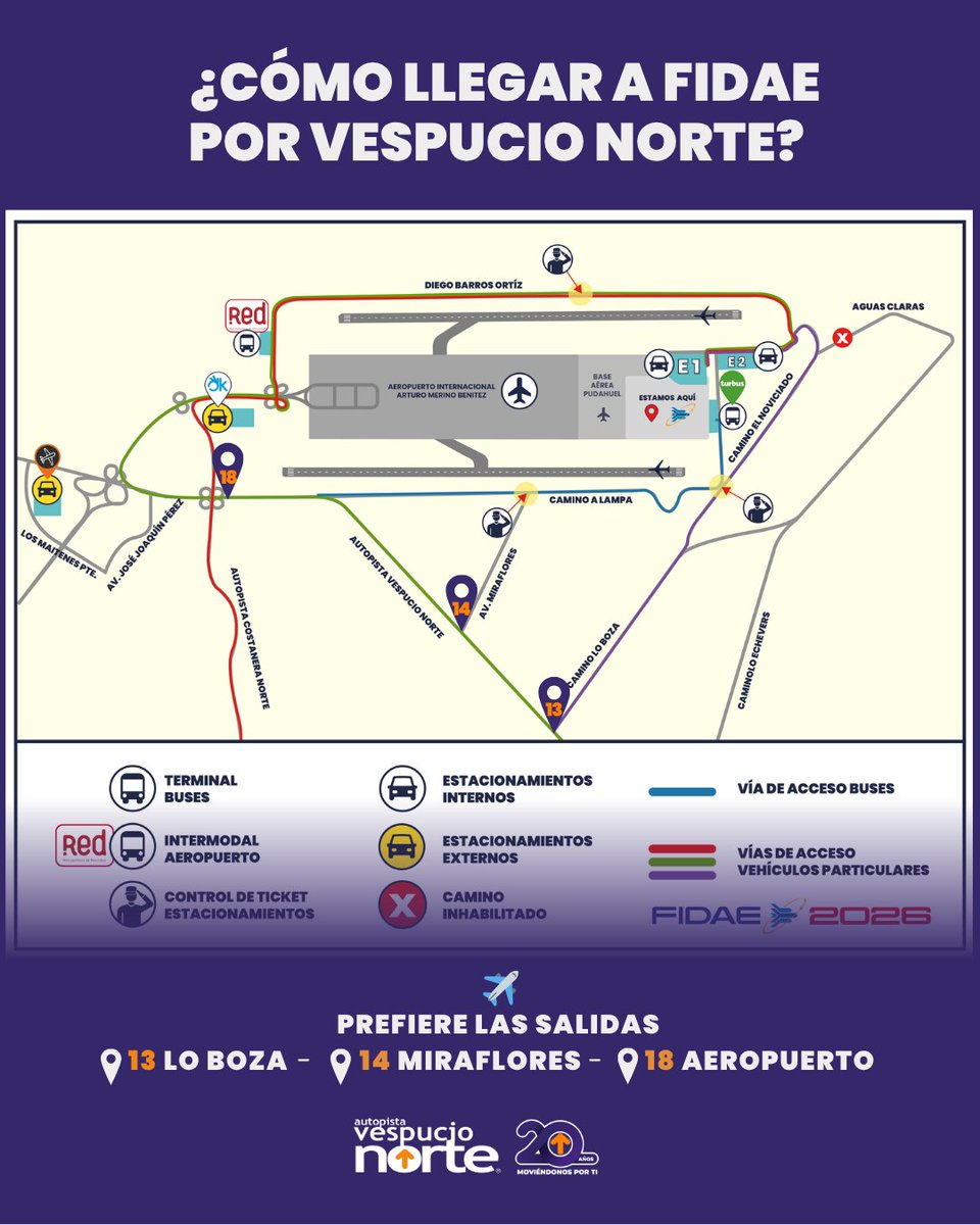Vespucio_Norte's tweet photo. ¿Sabes cómo llegar a la #FIDAE2026 por Vespucio Norte?✈️
Las alternativas son: Salida 13 #LoBoza , 14 #Miraflores o 18 #Aeropuerto.
Planifica tu viaje y revisa las distintas alternativas para llegar y dónde estacionar en @FIDAE_OFICIAL - Del 7 al 14 de abril.
Más informaciones en https://t.co/OXcNAT2Xy3