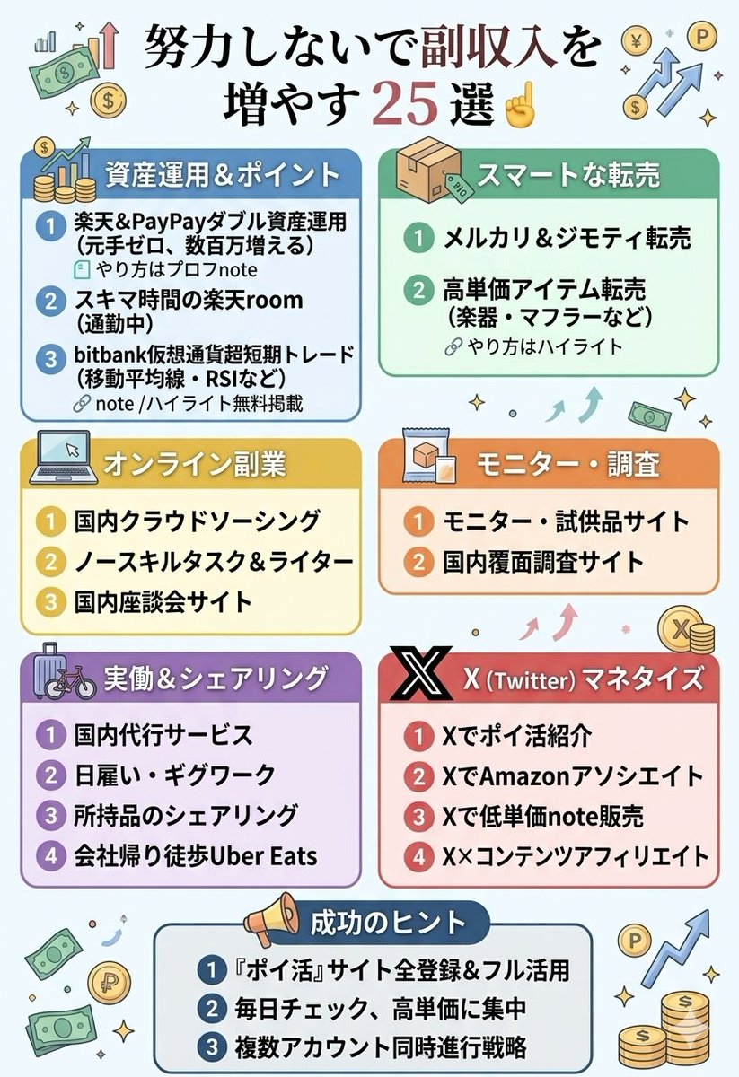 hukugyootaku's tweet photo. わりと稼げない方が難しい時代ですよな今は。下の情報もプロンプト➡画像にまとめて全部で20分。

①ポイ活で稼いで１０００万貯めるモデル教えて
②海外の稼げるサイト教えて
③AIなしで月１０万～２０万稼ぐ方法教えて https://t.co/e0o2AFRZ7k