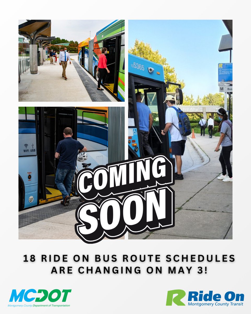 RideOnMCT's tweet photo. Ride On service changes reminder! π£
Changes to 18 Ride On routes begin on May 3.
Check the new trip times and make sure youβre ready for the upcoming updates.
Visit: https://t.co/slg7OTi4wI
#RideOnServiceChanges https://t.co/MVxJfPUDLP