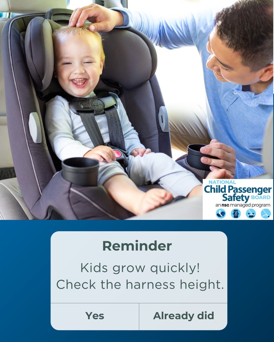 NCPSB's tweet image. Kids grow quickly. If rear-facing, adjust the harness to the position at or just below your child’s shoulders. For forward-facing, choose the position at or just above your child’s shoulders.
#KeepEachOtherSafe #carseat #safety #education #parents #children @NSCsafety
