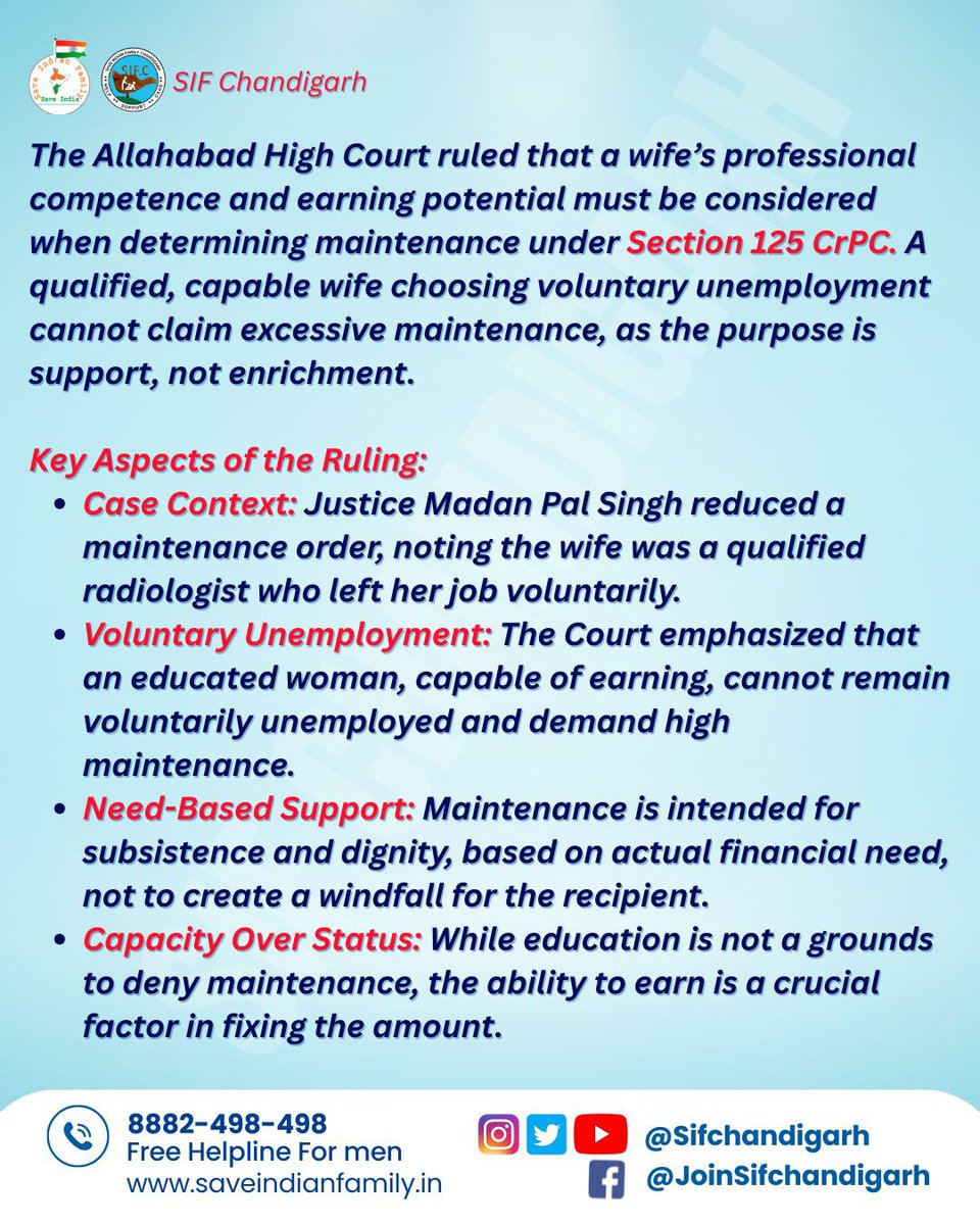 Wife's Professional competence, earning potential can’t be ignored while deciding maintenance: Allahabad HC

Earning capacity cannot be sidelined.
Law protects need, not neglect of ability.
#MaintenanceLaw 
#JusticeForAll 
Link:
👇👇
livelaw.in/high-court/all…