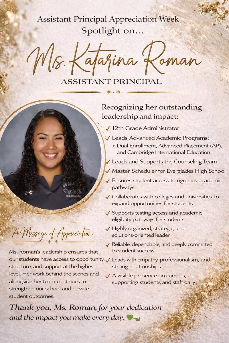 DupervalMD's tweet image. Assistant Principal Appreciation Week! Today we celebrate Ms. Katarina Roman, our 12th Grade AP. As our master scheduler and leader of advanced academic programs, she ensures students have access to postsecondary opportunities. Thank you for your leadership and impact! 💚 #EHS 🐊