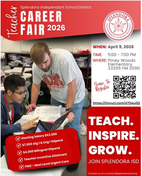 SISDHR's tweet photo. Don’t miss the Splendora ISD Teacher Career Fair!
Thursday, April 9 |  5–7 PM
Piney Woods Elementary – 23395 FM 2090, Splendora, TX

Register here: https://t.co/w7iN7HORQy https://t.co/YFogsVwdBf