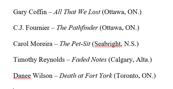 peggy_blair's tweet photo. Very happy to announce this year's Toby Award shortlist! The Toby Award celebrates exceptional writing by Canadian self-published mystery authors. The winner will be announced May 24. Congrats to all these wonderful storytellers! @TheTobyAward https://t.co/iSLBZudcaM