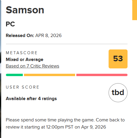 💥Samson’un Metacritic puanları geldi.
💥15$ Yerel fiyatlandırma ve Türkçe dil desteğiyle çıkan Samson’un ilk incelemeleri pek iç açıcı değil. Yeni bir MindsEye vakası olabilir. Bu yüzden Akşam canlı yayında deneyeceğiz, sizleri de bekleriz ✊