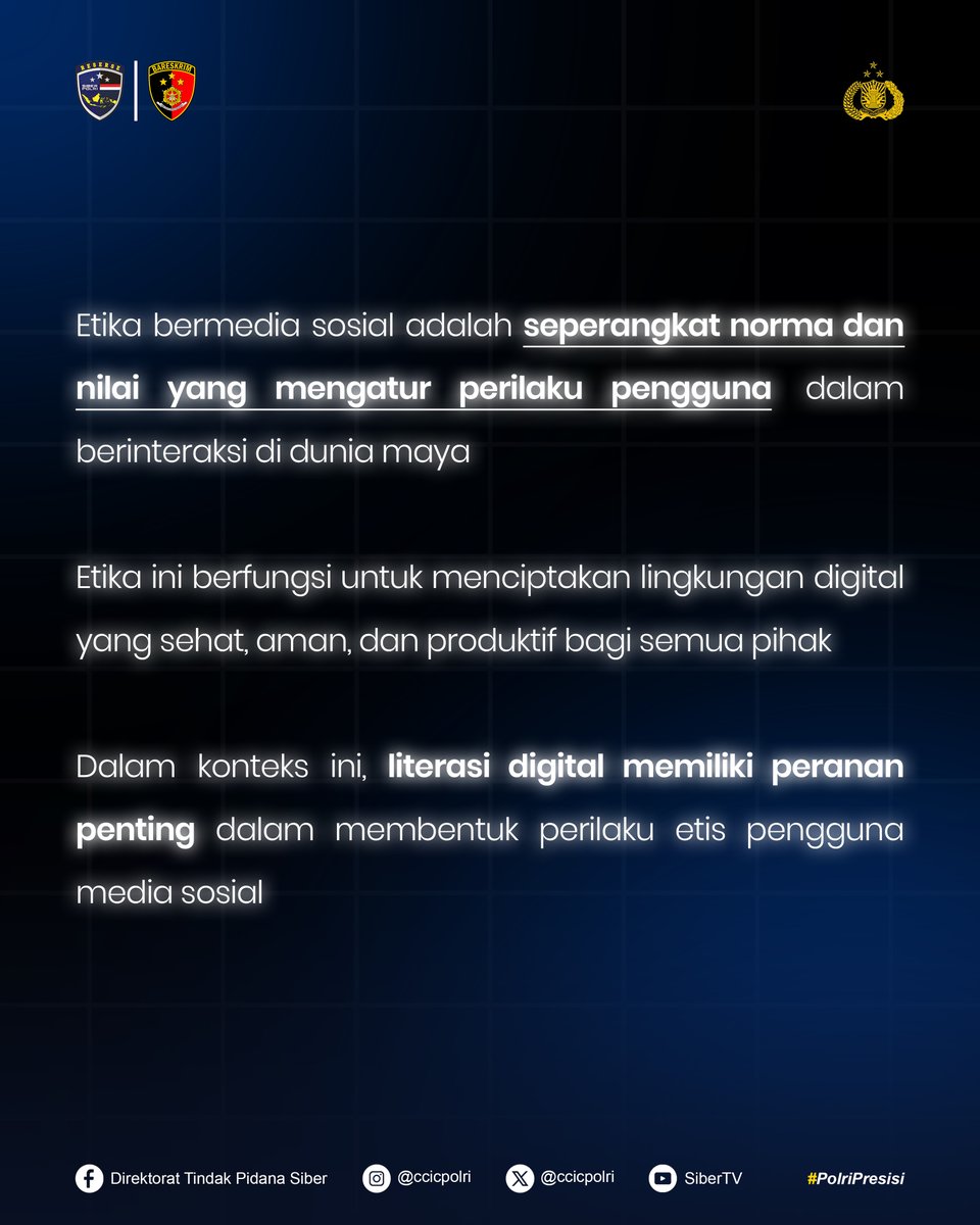 CCICPolri's tweet photo. Bijak bermedia sosial adalah cerminan kedewasaan berpikir. Hindari menyebarkan isu SARA yang berpotensi memecah persatuan
#PolriPresisi #SalamPresisi #BijakBermediaSosial #StopSARA #LiterasiDigital https://t.co/s5QRmwSoz7