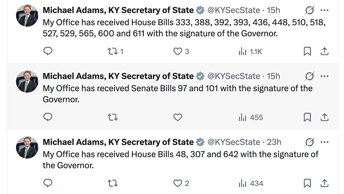 MarioAndersonTV's tweet image. Looks like Tuesday was a busy day for @GovAndyBeshear's office. 
18 total bills were delievered to @KYSecState's office with the signature of the Governor. #kygov