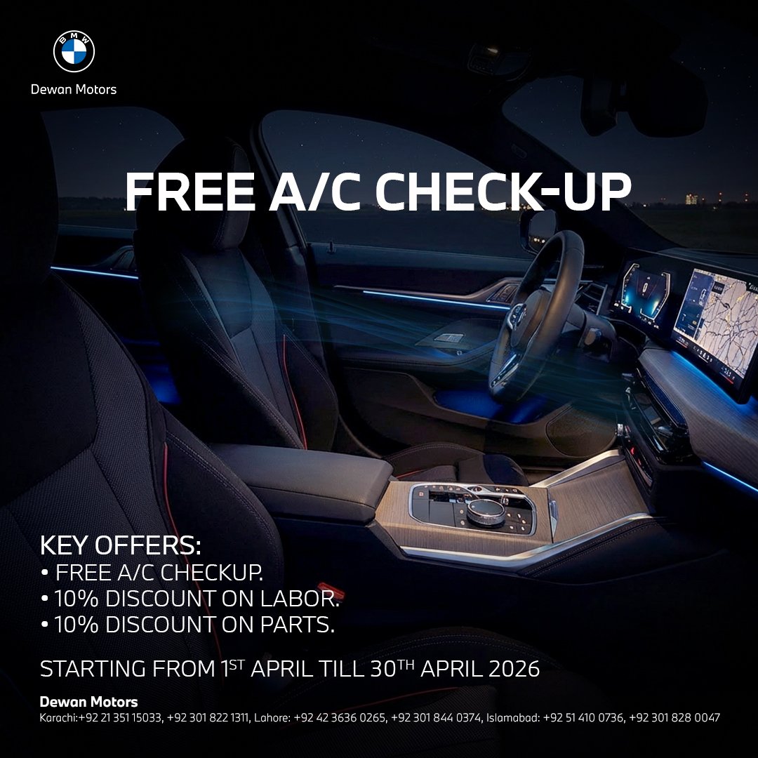 BMWDewan's tweet image. Fresh air begins with care!
Dewan Motors offering BMW Free A/C Checkup!

Key Offers*

Free A/C Checkup.
10% Discount on Labor.
10% Discount on Parts.

*Offer valid till 30th April 2026.

For more details, call our helpline: 0800 00 BMW (269).

#BMWDewan #ACCheckup #DewanMotors