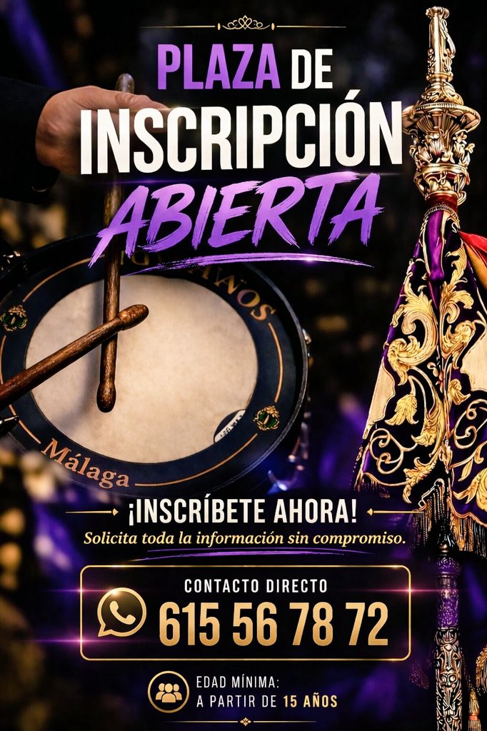 HdaddelaColumna's tweet photo. 🎼 INSCRIPCIÓN ABIERTA!!!

Si eres mayor de 15 años y te apasiona la música cofrade, no dudes en formar parte de nuestra Banda de CCTT DE LOS GITANOS @CCTTGitanos.  
    📨 Escríbenos al número 
📞 615 56 78 72

#CofradíasMLG https://t.co/awJb37TxqV