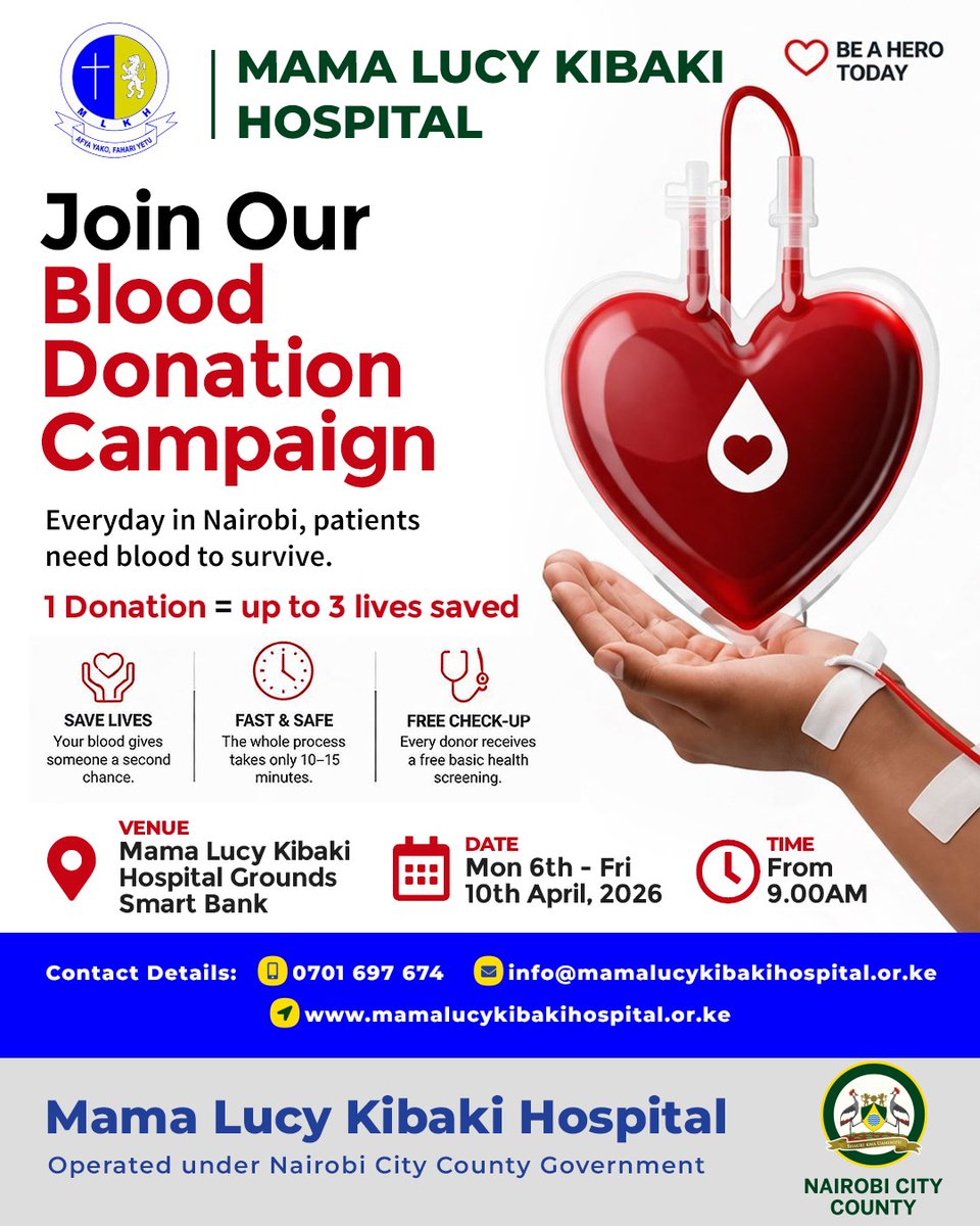 mlkhospital's tweet photo. This entire week, our Smart Bank is open for a special Blood Donation Appeal Campaign.
Every day, someone urgently needs blood.
A simple act of generosity could save that life.
📍 Mama Lucy Kibaki Hospital – Smart Bank

#GiveBlood #SaveALife #MamaLucyCare https://t.co/epMxxpz9SG