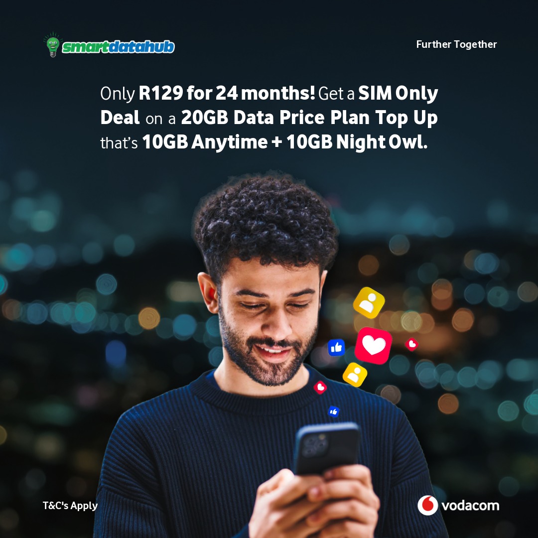 SmartDataHubSA's tweet photo. Only R129 for 24 months! 🔥📱

Get a SIM Only Deal on a 20GB Data Price Plan Top Up. That’s 10GB Anytime 🌞 + 10GB Night Owl 🌙

#thesmartdataway #SmartData #HomeofUnlimited #Vodacom https://t.co/GTzTbL2UO2