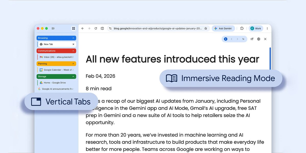 AlternativeTo's tweet image. Google Chrome now offers vertical tabs and an immersive reading mode to enhance browsing, multitasking, and productivity. These features aim to improve efficiency and align Chrome with other major browsers that already support these features.
alternativeto.net/news/2026/4/ch…