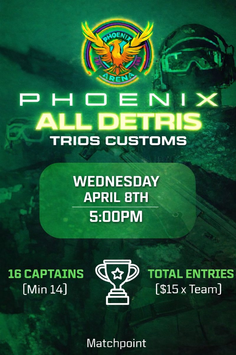 🔥🐦‍🔥 Phoenix Scrims 🔥🐦‍🔥
🔥🐦‍🔥      All Detris       🔥🐦‍🔥

📆: Wednesday  April 8th 5:00pm CDMX / 
🎟: 16 teams
🌎: NAC 
💰: $15
📈: 120 MP 

Admin: 
<a href="/PePeR2011/">PHNX Pepper</a>