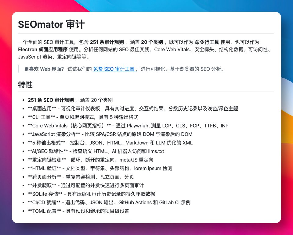 GitHub_Daily's tweet image. 每次给网站做 SEO 优化，总要在各种商业工具和测试网站间来回切换，排查死链和性能指标相当折腾。

今天看到 SEOmator Audit 这个开源项目，内置 251 条审计规则，覆盖 20 个大类，一次扫描就能把网站 SEO 问题摸个底朝天。

输入网址就能跑，提供命令行和桌面客户端两种方式，还能直接输出 HTML