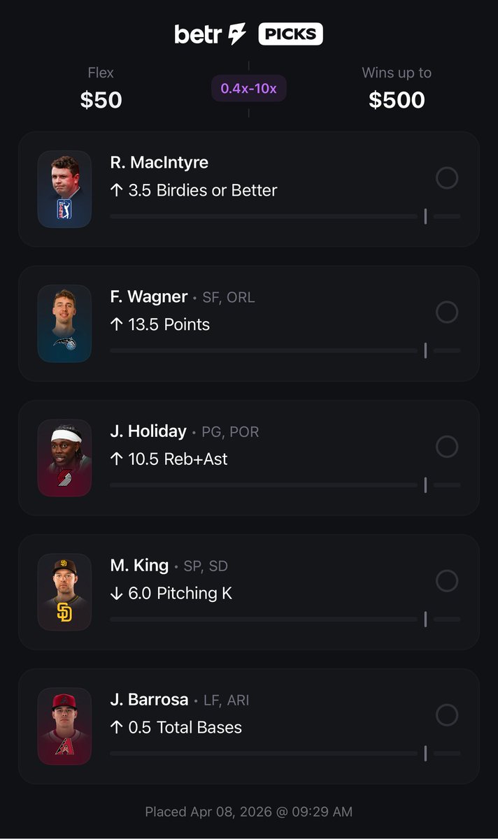 SportsByDustin's tweet image. PGA x NBA x MLB 10x Betr Slip 🎯

Bobby Mac OVER 3.5 Birdies or Better is my fav

Tail me:
dgfantasy.com/tail?slip=http…