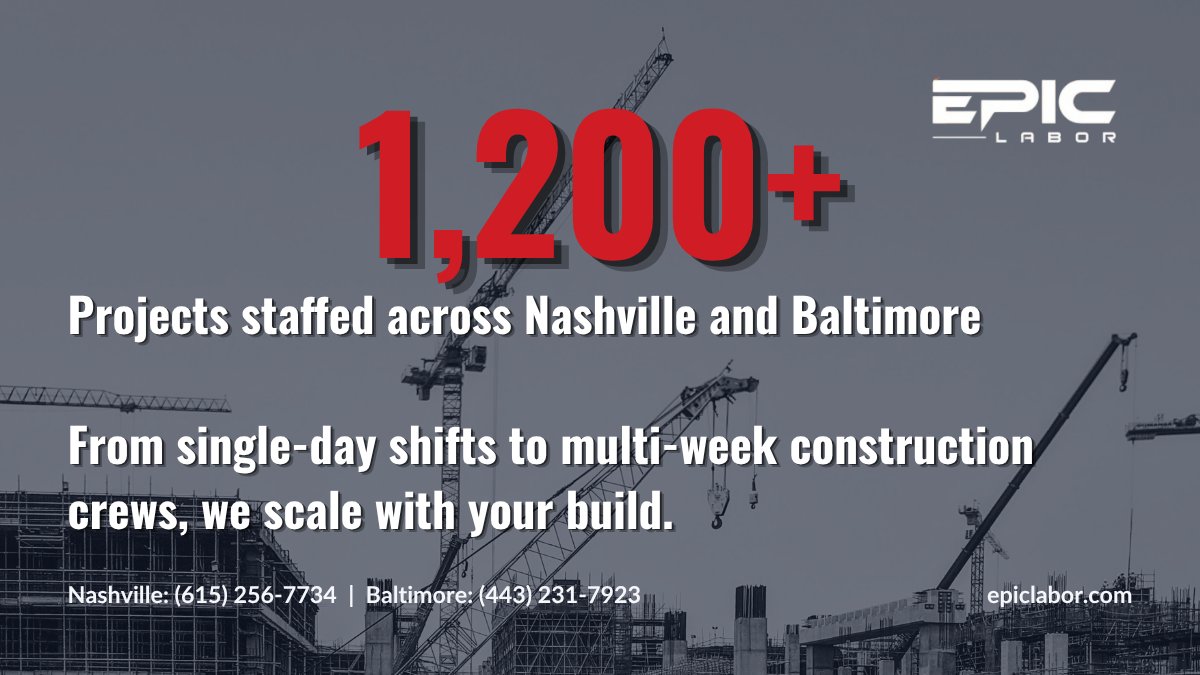 EpicLabor's tweet image. 1,200+ projects staffed across Nashville and Baltimore.

From single-day shifts to multi-week construction crews — we scale with your build.

📞 (615) 256-7734 | (443) 231-7923

#Staffing #NowHiring